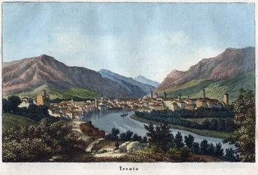 Utsikt over Trento (Syd-Tirol, Italia) (Trento) - 1800-tallet - gravering fra «Usi e Costumi di Tutti i Popoli dell