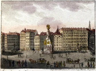 Utsikt over Wien og Graben-plassen (hul) som har fått navnet sitt fra grøften gravd av romerne for å forsvare byen. Litografi fra halvdelen av 1800-tallet.
