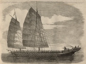 Utsikt over et kinesisk piratskip i Kanton. Gravering i "" The Illustrated London News"" av 31. januar