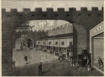Utsikt over en gate i bymurene i Guangzhou, Kina. Gravering i ""The Illustrated London News"" av 14. februar 1857.