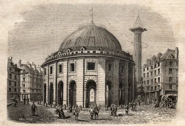 Utsikt over halle au ble i Paris (bygget i 1763-1769) og Medici-søylen, gravering fra begynnelsen av 1800-tallet - hvete- og maisutveksling i Paris (bygget i 1763-1769), gravering tidlig på 1800-tallet - Vue de la Halle au ble, plassert på det nåværende Ho