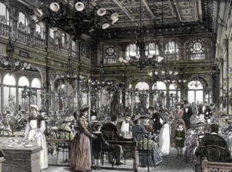 Utsikt over en av restaurantene (buljong), billig arbeiders spisested, grunnlagt av Alexandre Duval i Paris 1880 - 1885. 1800-tallet (gravering)