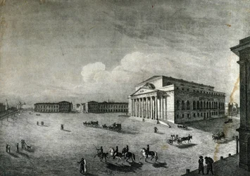 Utsikt over Bolchoi-teatret i Moskva rundt 1840. Russland