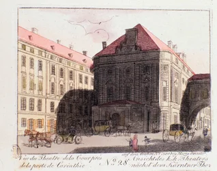 Utsikt over Court Theatre nær Kärntenporten (Karntnertortheater eller Theater am Karntnertor) i Wien hvor Beethovens 9. symfoni ble representert første gang 07.05.1824. Østerrike. Gravering fra 1815 privatsamling