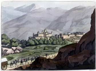 Utsikt over Escorial (Escorial), palass og kloster i Spania, bygget under Filip II mellom 1563 og 1584. Litografi fra 1800-tallet.
