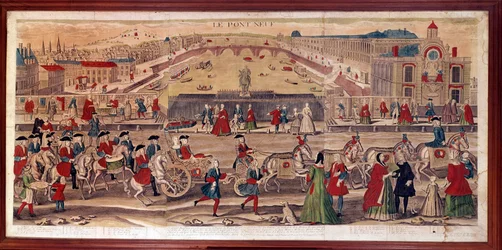 Utsikt over Pont-Neuf i Paris Du kan også se Hotel de Conty, klosteret Saint Germain des Pres, College of Four Nations, Invalides, Mont du Calvaire, Quai d