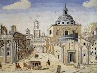Utsikt over Forum Romanum, slutten av 1600-tallet, scagliola på terrakottastøtte. Detalj