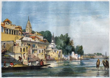 Utsikt over Sutti Chowra Ghat på Ganges, i Cawnpore (Kanpur), India i 1857.