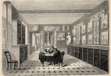 Utsikt over Victor Cousin-biblioteket ved Sorbonne-universitetet i Paris. Gravering i "" L