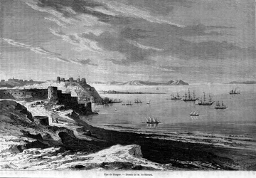 Utsikt over bukten til den befestede byen Tanger og kysten, Marokko. Gravering fra 1860.