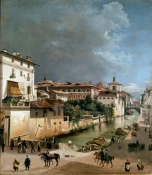 Utsikt over kanalen mellom porta romana-broen og sykehusbroen i Milano (olje på tre