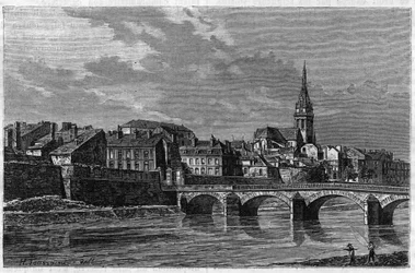View of the city of Mezieres at the end of the 19th century. Engraving in “” le journal de la Jeunesse “” of 1888.