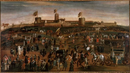 Utsikt over byen Milano, av slottet i Sforza (castello Sforzesco) og trafikk av vognene Anonym maleri rundt 1660-1670 Milano, museo di Milano