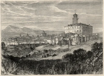 Utsikt over byen Monterotondo (Monte Rotondo, Monte-Rotondo) i Italia. Gravering i "" L'Univers berømte ""
