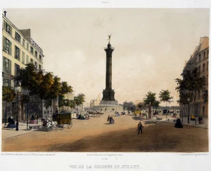 Utsikt over søylen i juli (Place de la Bastille) fra Boulevard Beaumarchais - litografi