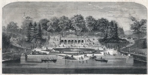 Utsikt over hagen "" Central Park"" i New York, USA. Arkitektur av Frederick Law Olmsted (1822-1903) og (1824-1895) i Manhattan-distriktet. Gravering i "The Illustrious Universe"