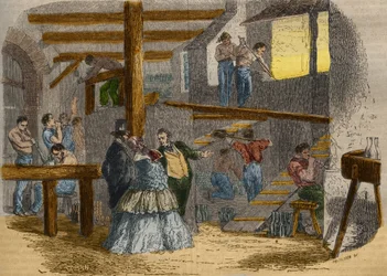 View of the interior of a glassware with glass blowers. Engraving from 1856 in “” Le Musee Des Sciences””