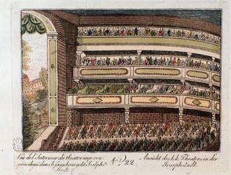 Utsikt over det indre av Imperial Theatre i Josephstadt-distriktet i Wien. Østerrike (innvendig utsikt over det keiserlige teateret i distriktet Josephstadt i Wien, Østerrike) Gravering fra 1815 Privat samling