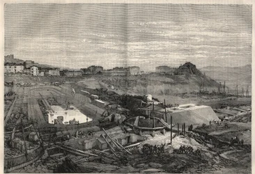 Utsikt over de nye bryggene bygget av den italienske regjeringen i havnen i La Spezia. Gravering i "" L
