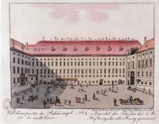 Utsikt over delen av det keiserlige palasset som heter Old Court i Wien. Østerrike. Gravering fra 1815 privatsamling