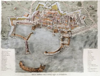 Utsikt over havnen i Civitavecchia nær Roma. 1800-tallet.