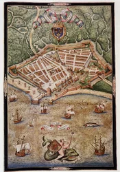 Utsikt over havnen i Le Havre i 1583 - fra et opplyst manuskript av Jacques Delvaux, pilot for marinen, dedikert til admiral de Joyeuse