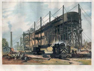Utsikt over akterenden av det transatlantiske ruteskipet «Great Eastern» (Leviathan) under bygging ved Thames-verftet i London. Gravering i "" The illustrated London News "" av 7. november 1857.