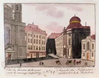 Utsikt over teatret og gårdsplassen mot den keiserlige manesjen i Wien, Østerrike. Gravering fra 1815 privatsamling