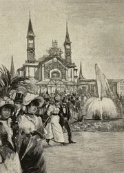 Besøkende foran Sport Building på United Exhibitions, Milano, Italia, tegning av M Bianchini fra L#39;Illustrazione Italiana, år XXI, nr. 18, 6. mai
