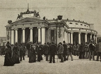 Besøkende foran Teatro Pompeiano på United Exhibitions, Milano, Italia, gravering fra fotografi av Treves-brødrene fra L#39;Illustrazione Italiana, år XXI, nr. 19, 13. mai