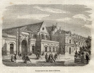Utsikt over konservatoriet for kunst og håndverk (Cnam) i Paris, rue Saint Martin i Paris - (Utsikt over konservatoriet for kunst og håndverk i Paris - gravering i "Dictionnaire populaire illustrious"" - 1864 - av Joseph Decembre og Edmond Allonier -