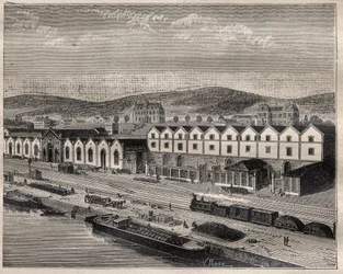 Utsikt over Chateau de Pekin, hovedetablissementet til Compagnie des grands vins de Champagne av Eugene Mercier (1838-1904) et Cie nær Epernay - Gravering i "" La Science francaise""