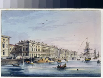 Utsikt over kaien til palasset i St. Petersburg (Russland). (Fra Marie Taglionis album). Anonymt verk, gravering forsterket med akvarell, ca. 1840. 1800-tallskunst, klassisisme. Statens museum for A.S. Pushkin, Moskva.
