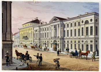 Utvendig visning av Hotel des Postes de Saint Petersburg (Album de Marie Taglioni) (Post Hotel i Saint Petersburg (Album of Marie Taglioni). Anonym etsning og akvarell, 1840-tallet. Moskva, A.S. Pushkins statsmuseum.