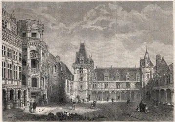 Utvendig utsikt over slottet Blois med den monumentale trappen - Gravering i "" Le Monde Illustrie""
