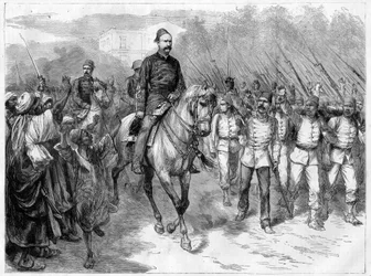 War in Egypt - The emissaries of Arabi Pasha recruiting soldiers among the tribes to fight against the British - Arabi Pasha (Orabi Pasha, Ahmed Urabi) (1841-1911), and his troops in 1882