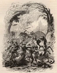 Gallernes krig: Slaget ved Aduatuca mellom det belgiske folket i Eburons og den romerske hæren. Quintus Titurius Sabinus og Lucius Aurunculeius Cotta ble beseiret i 54 f.Kr. Gravering fra 1868 i "Belgias historie fra primitive tider til slutten av