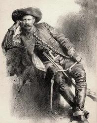 William Frederick Cody - Kjent som Buffalo Bill - Portrett av Buffalo Bill (1846-1917), oberst William Cody - gravering etter plakat.