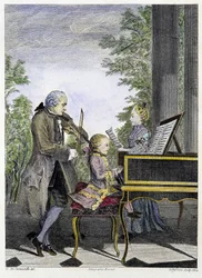 Wolfgang Amadeus Mozart som barn ved pianoet, omgitt av sin far Leopold på fiolin og sin søster Marianne som synger - stikk