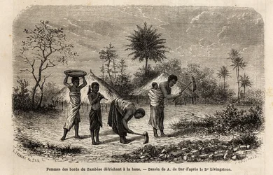 Kvinner fra bredden av Zambeze defriching en hakke, og introduserer barn til landbruksarbeid. Gravering for å illustrere Dr. Livingstones første reiser til Sør-Afrika fra 1840 til 1856, i «Le tour du monde, nouveau journal des voyages»» publisert