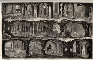 Working in the Wieliczka Salt Mine - mining town in Poland - View of underground works in the salt mines of Wieliska, in Gallicie - engraving in 
