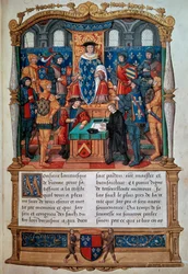 Skrive en biografi: "" Philippe de Comines (Comynes eller Comines) (1447-1511) dikterer hans minnesmerker før Louis XI"" Miniatyr hentet fra "" Memoires de Philippe de Comynes""" 1489-1498 Paris, B.N.