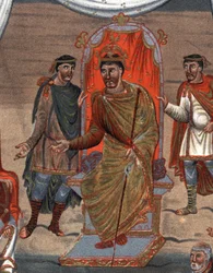 detaljer om: Charles II the Bald (823 - 877), konge av Frankrike som mottar en delegasjon av munker fra Tours.Fac-Simile i kromolitografi fra 1800-tallet etter en miniatyr fra det X. århundre bevart på B.N. av Paris.