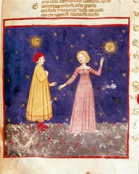 første himmel: Dante møter Beatrice i paradis. Opplyst side som illustrerer en sang fra Paradiset fra "Divina Commedia" av Dante Alighieri (1265-1321). 1300-tallet, Venezia, Biblioteca Marciana