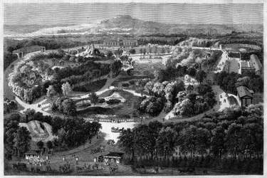 Oversiktsbilde av Akklimatiseringshagen i Bois de Boulogne, gitt og innviet av Napoleon III i 1860, som forener natur, frodig flora og eksotiske dyr, i «L
