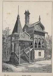 Russisk hus - Russisk hus - gravering av 1889 i "History of human habitation at the Universal Exhibition of 1889, by Mr Charles GARNIER - Librairie centrale des beaux-arts Paris 1889