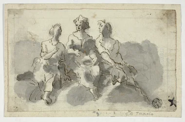 Tre sittende figurer (rekto); sittende mann i profil (verso)
