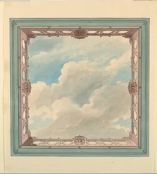 Tegning, takdesign med båndarbeidbalkong og åpen himmel, muligens for vinterhage/musikkrom eller spisestue, ca. 1820