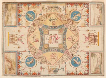 Tegning, tak i Hadrians villa, med nymfer, kentaurer, hjorter og elefanter, ca. 1785