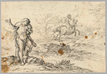 Tegning, Kentaur som redder jomfruen fra klubbsveisende skapning, 1500-–1800-tallet